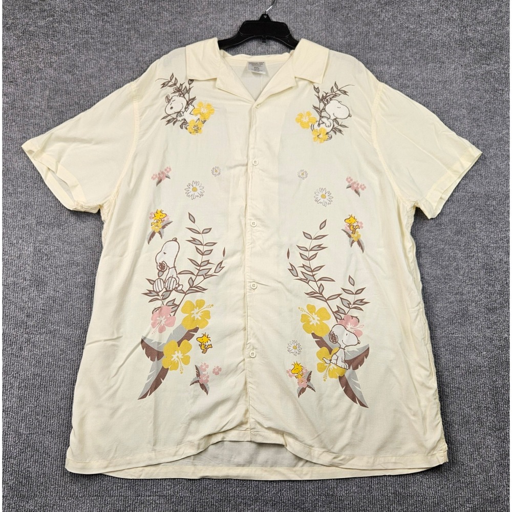 Peanuts Snoopy Woodstock Tropical Rayon Button Down Shirt Cream Mens XXL Aloha